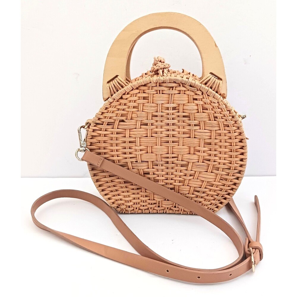 ZARA Woven Straw Rattan Small Crossbody Wood Top Handles Leather Strap